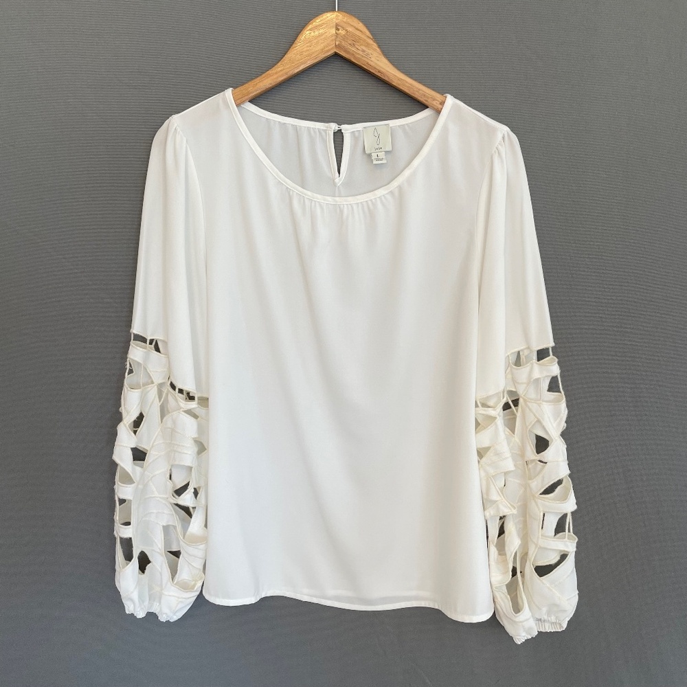 JOIE Women's Large Ivory Loose Balloon Cut Out Sleeve Pop Over Blouse